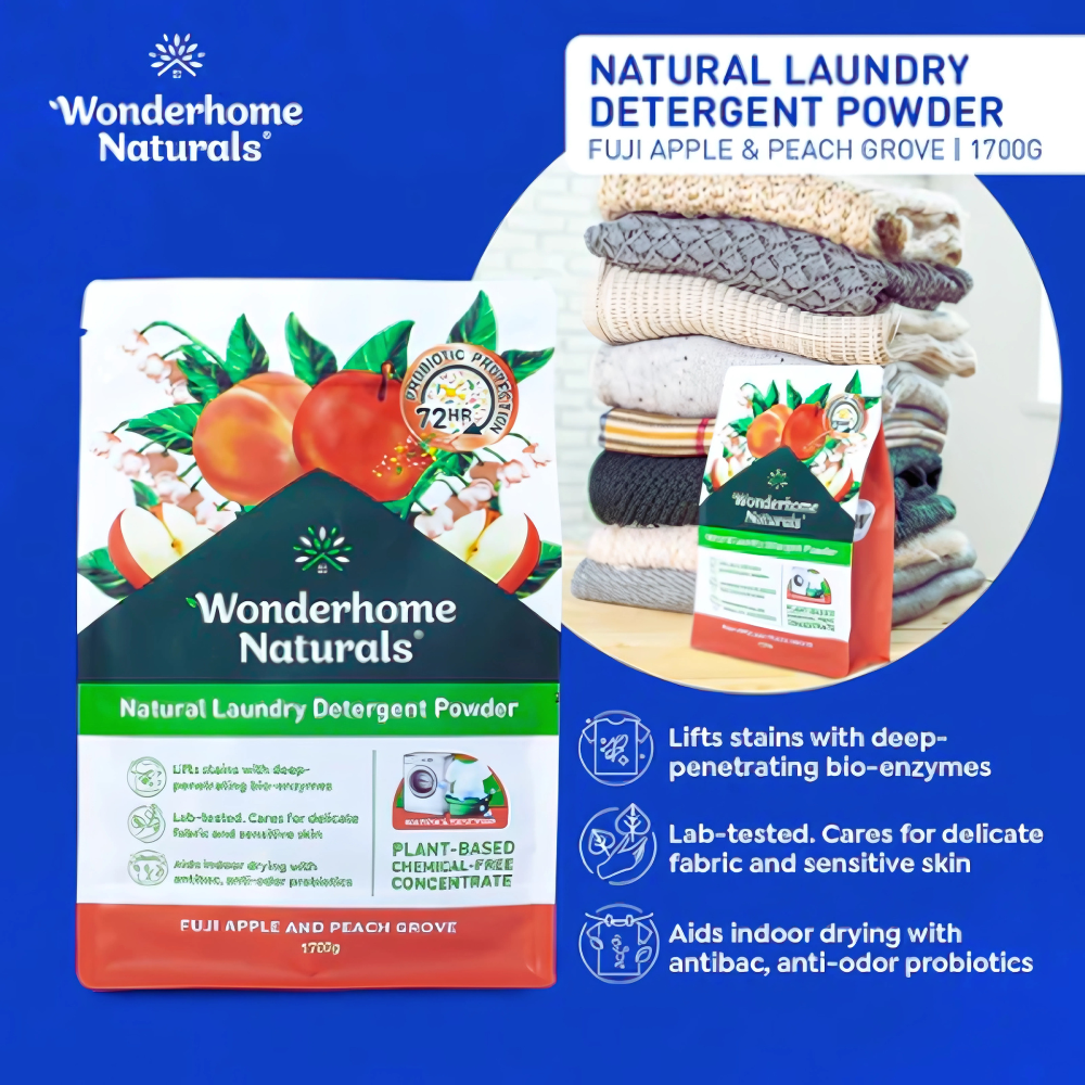 Wonderhome Natural Laundry Detergent Powder Eco Pouch 1.7 KG Fuji Apple And Peach Grove