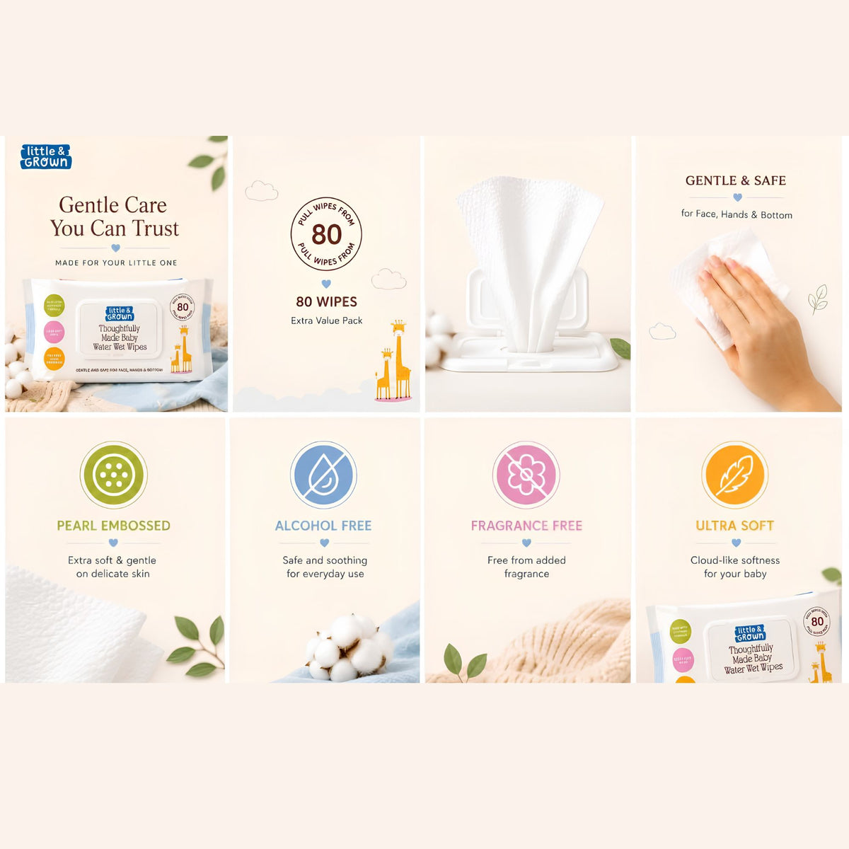 (BUNDLE of 3) Little & Grown Baby Water Wipes 80s