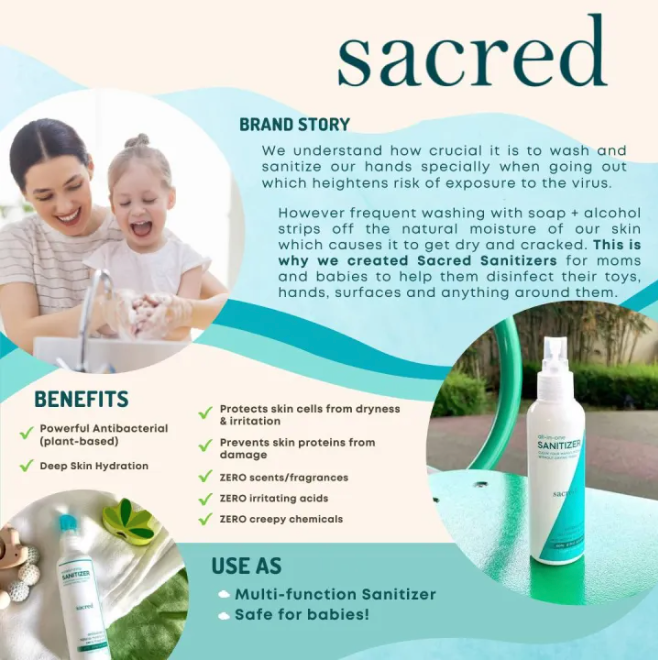 BUNDLE OF 3 | Sacred ZERO FRAGRANCE Sanitizer 90ML Antibacterial, Instant & Deep Hydration, Safe for Newborns