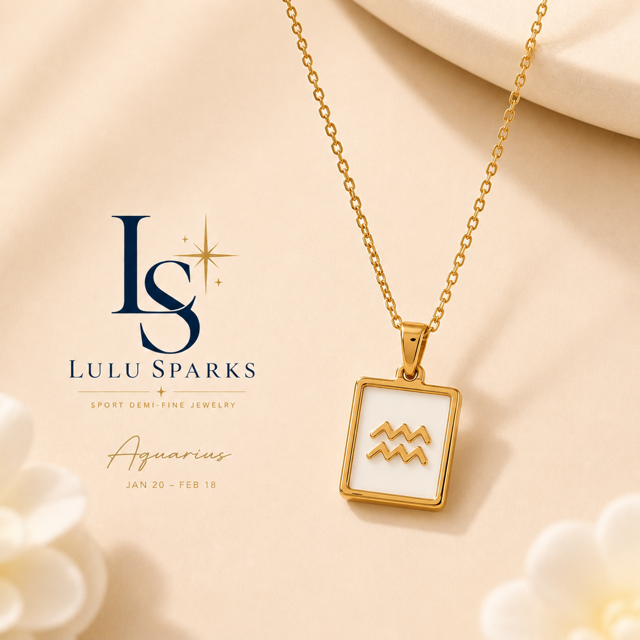 Lulu Sparks Zodiac Sign Square Pendant Chain Necklace 18K PVD Gold Jewelry (No Jewelry Box Included)