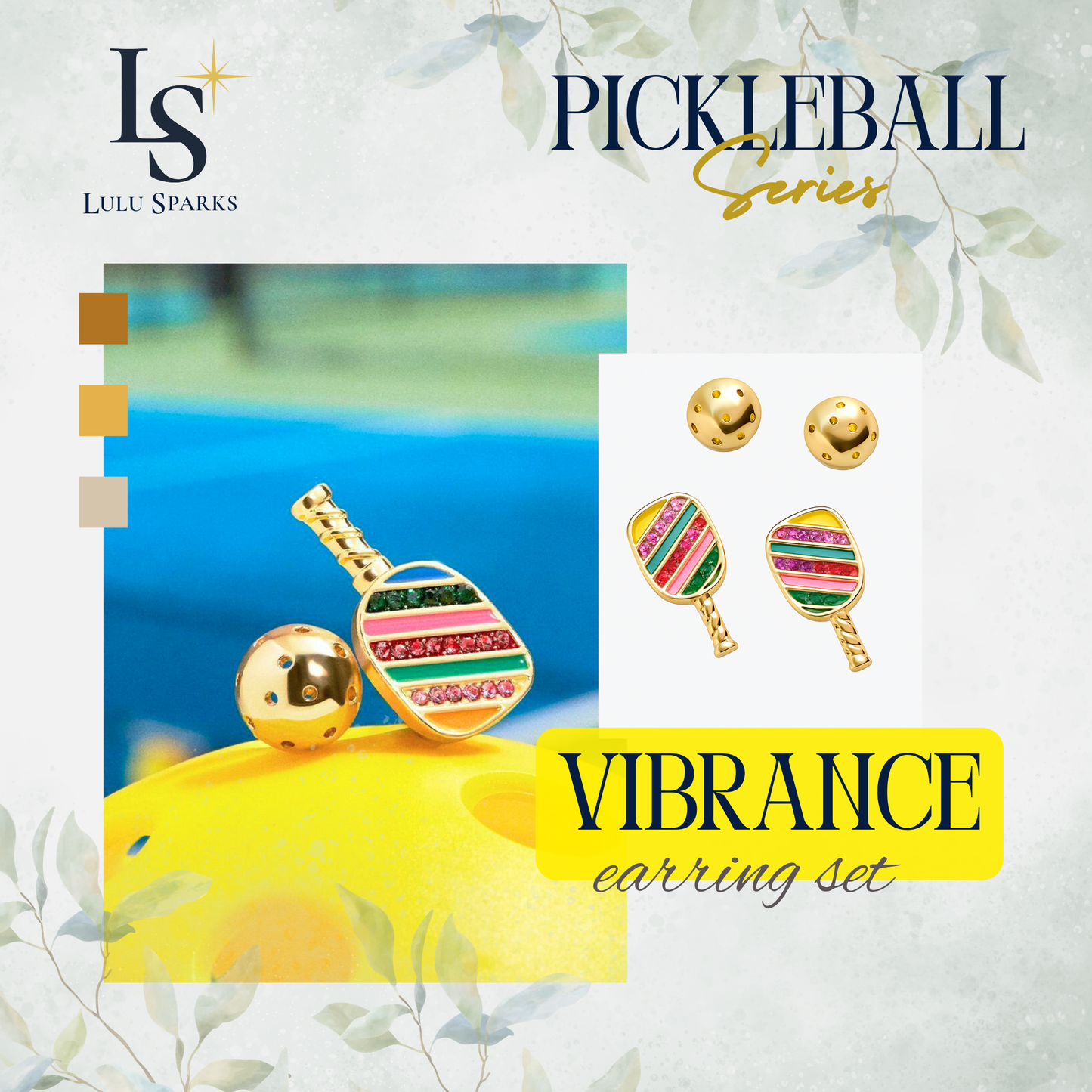 Pickle Sparkle Vibrance Earrings Pickleball Series 18K PVD Gold