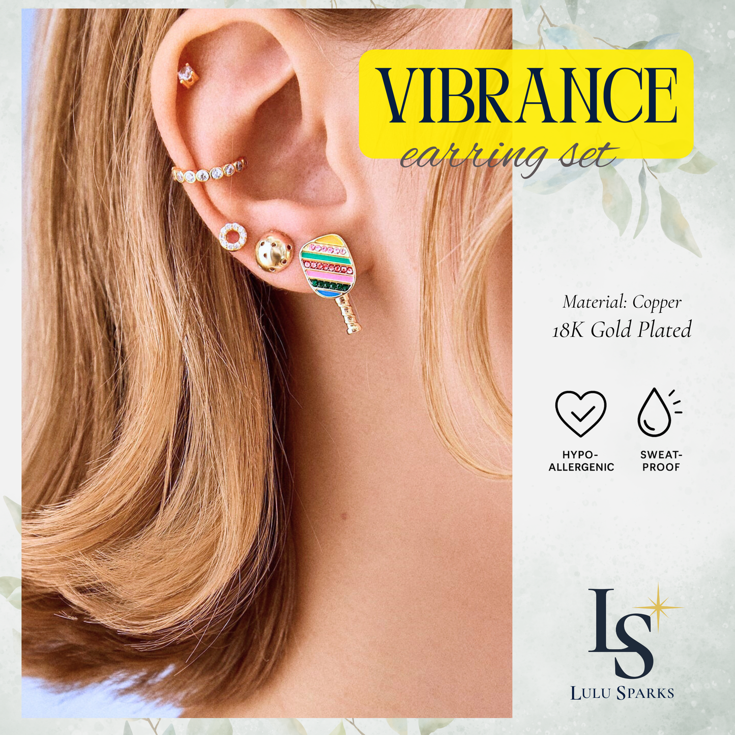 Pickle Sparkle Vibrance Earrings Pickleball Series 18K PVD Gold