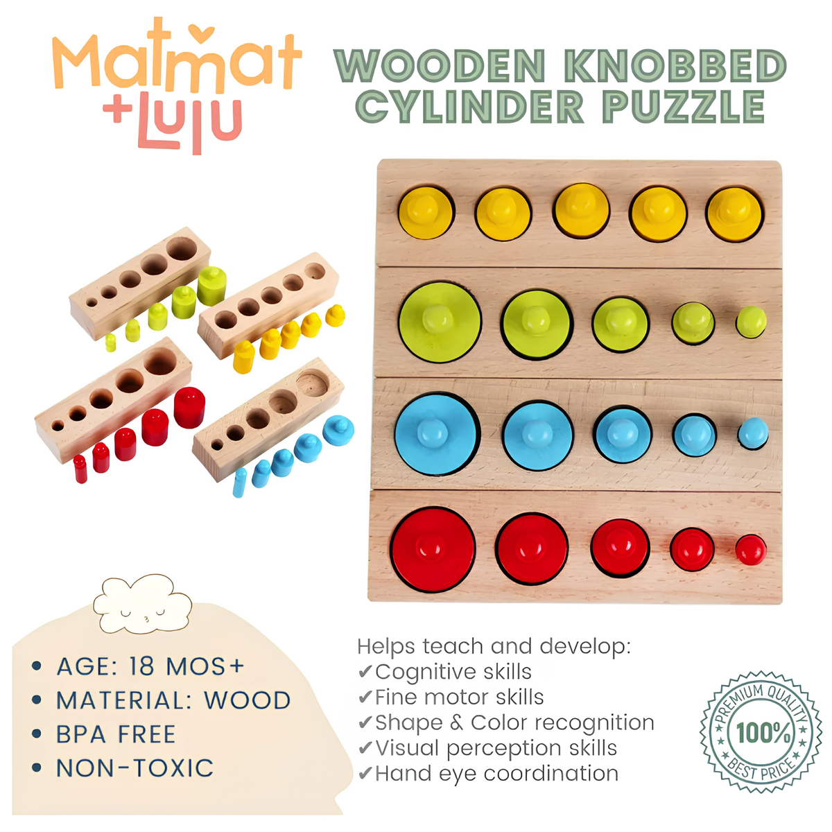 Matmat Lulu Knobbed Color Cylinder Puzzle Wooden Educational Montessori