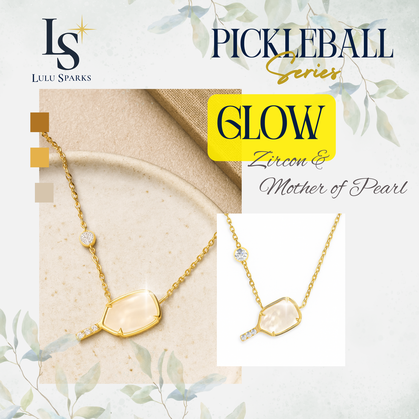 Pickle Sparkle Glow Necklace Pickleball Series 18K PVD Gold Mother of Pearl