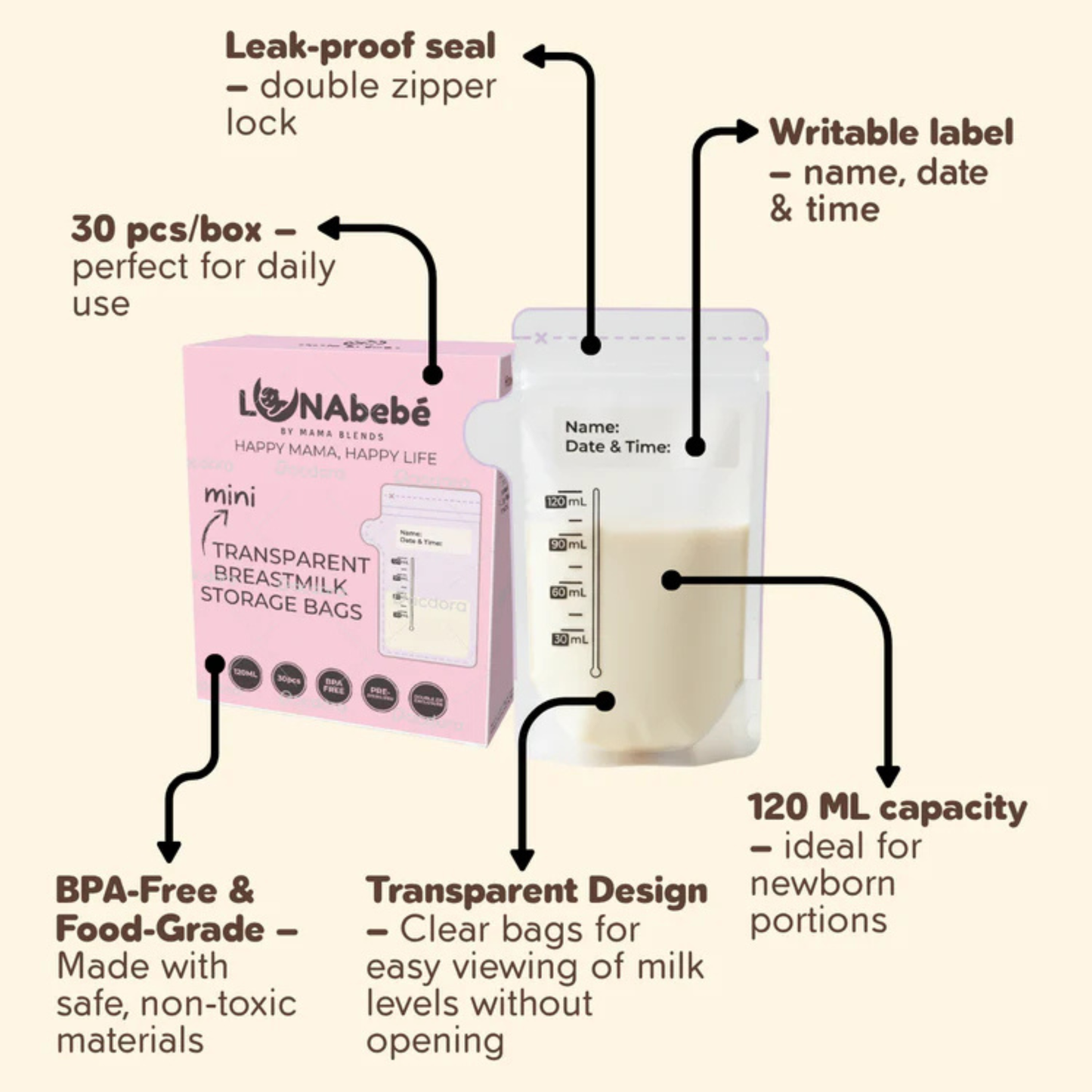 Lunabebe Transparent Breastmilk Storage Bags 120 ML - 30s