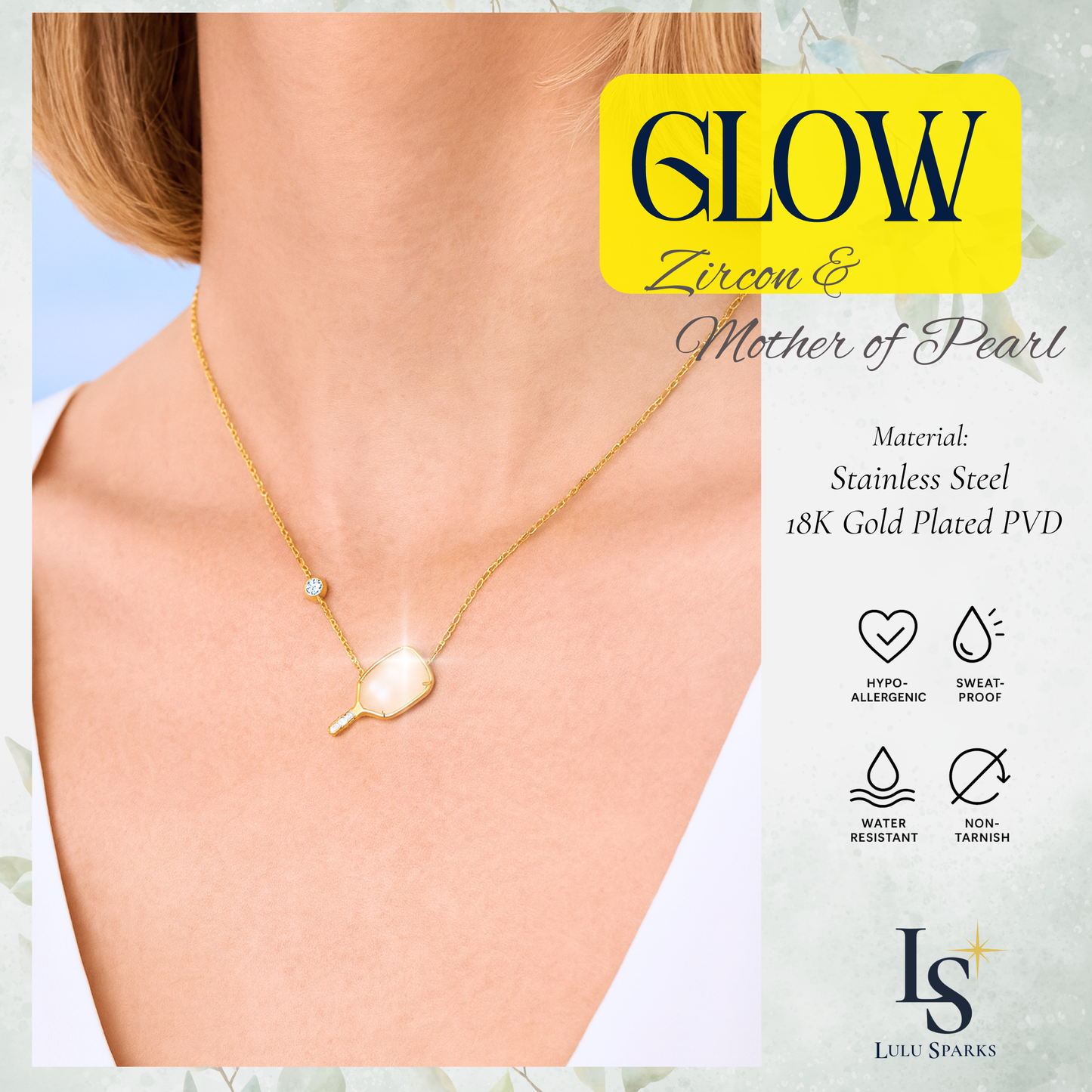 Pickle Sparkle Glow Necklace Pickleball Series 18K PVD Gold Mother of Pearl