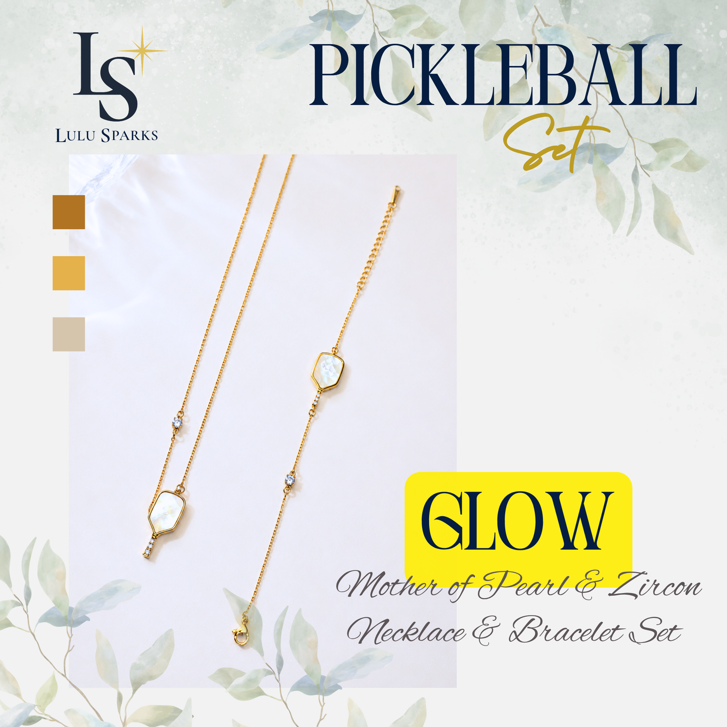 Pickle Sparkle GLOW Pickleball Bracelet & Necklace Set 18K PVD Gold Mother of Pearl The First Sport Demi-Fine Jewelry in the Philippines