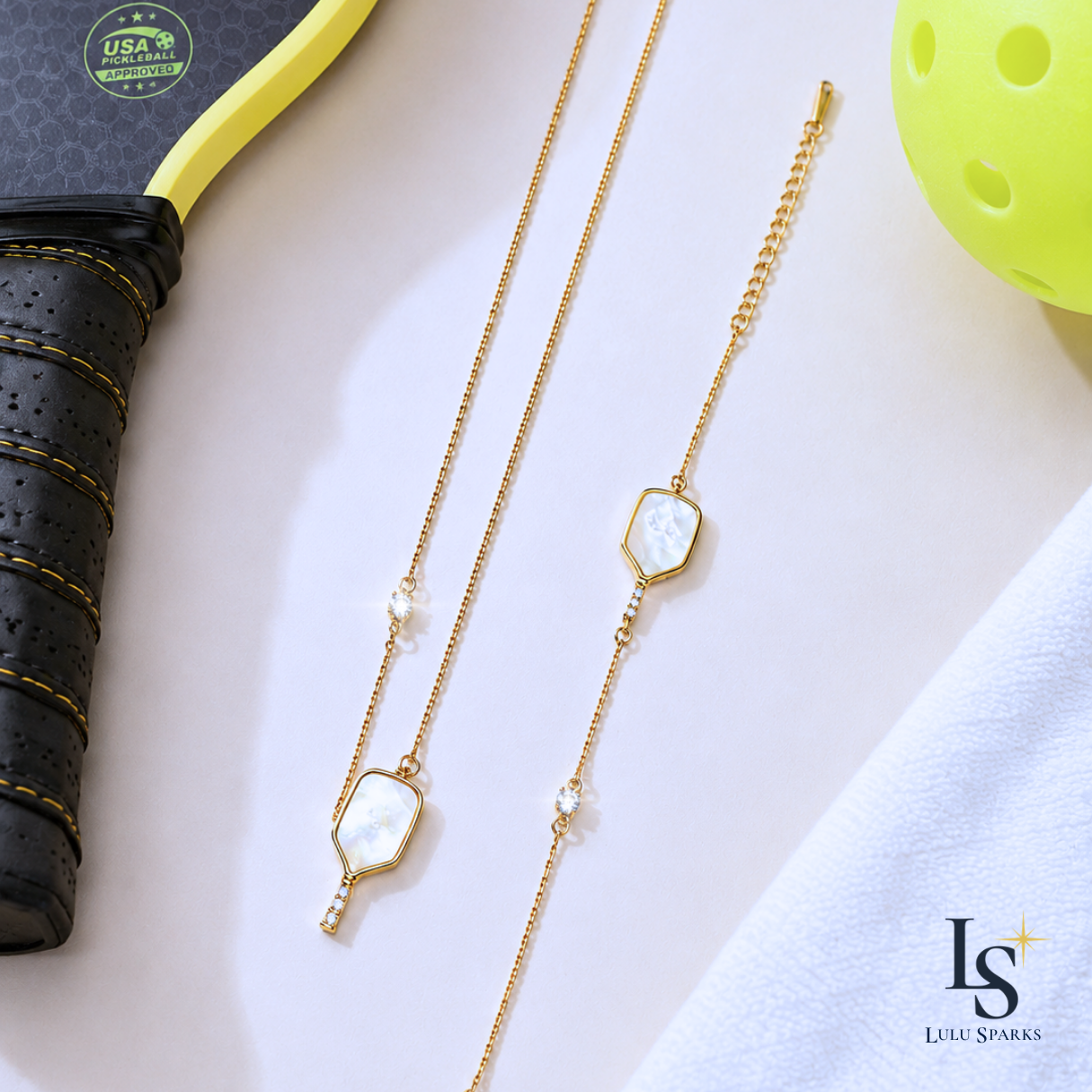 Pickle Sparkle GLOW Pickleball Bracelet & Necklace Set 18K PVD Gold Mother of Pearl The First Sport Demi-Fine Jewelry in the Philippines