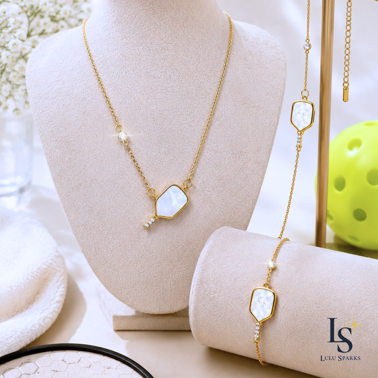 Pickle Sparkle GLOW Pickleball Bracelet & Necklace Set 18K PVD Gold Mother of Pearl The First Sport Demi-Fine Jewelry in the Philippines