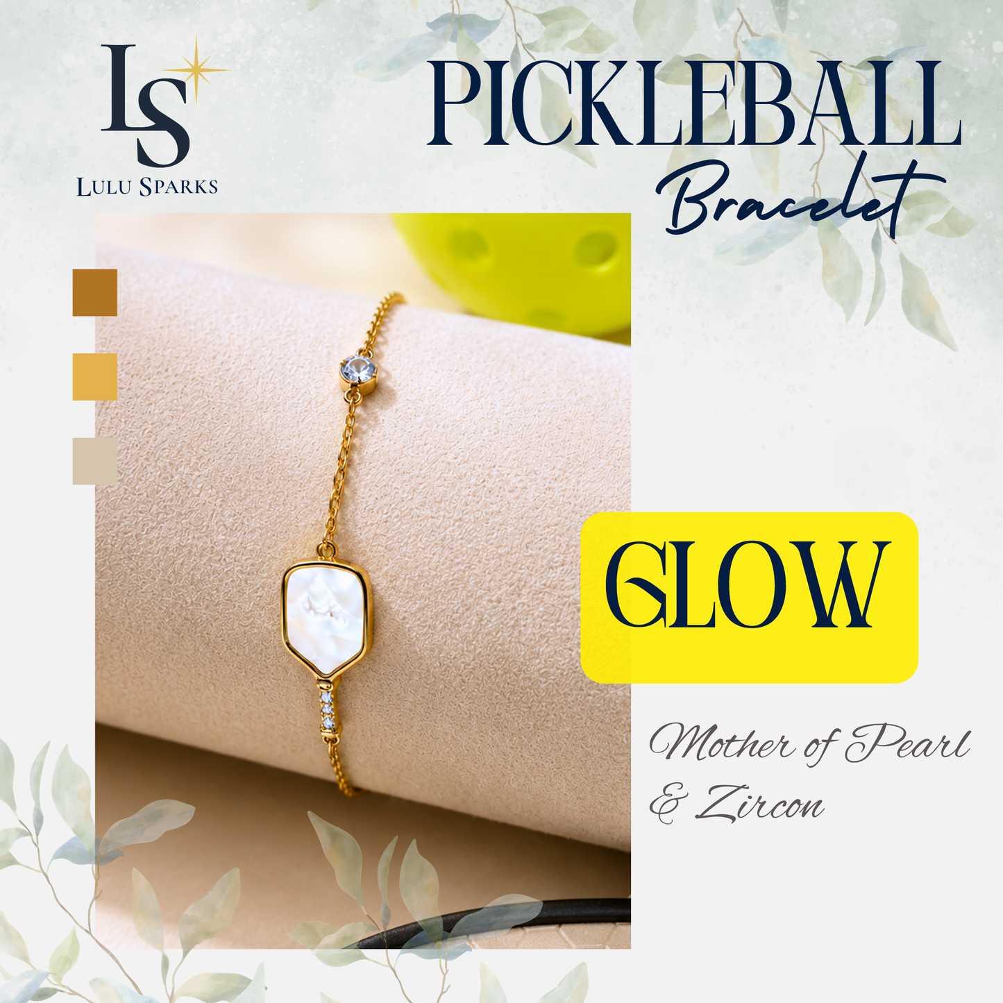 Pickle Sparkle GLOW Pickleball Bracelet 18K PVD Gold Mother of Pearl The First Sport Demi-Fine Jewelry in the Philippines