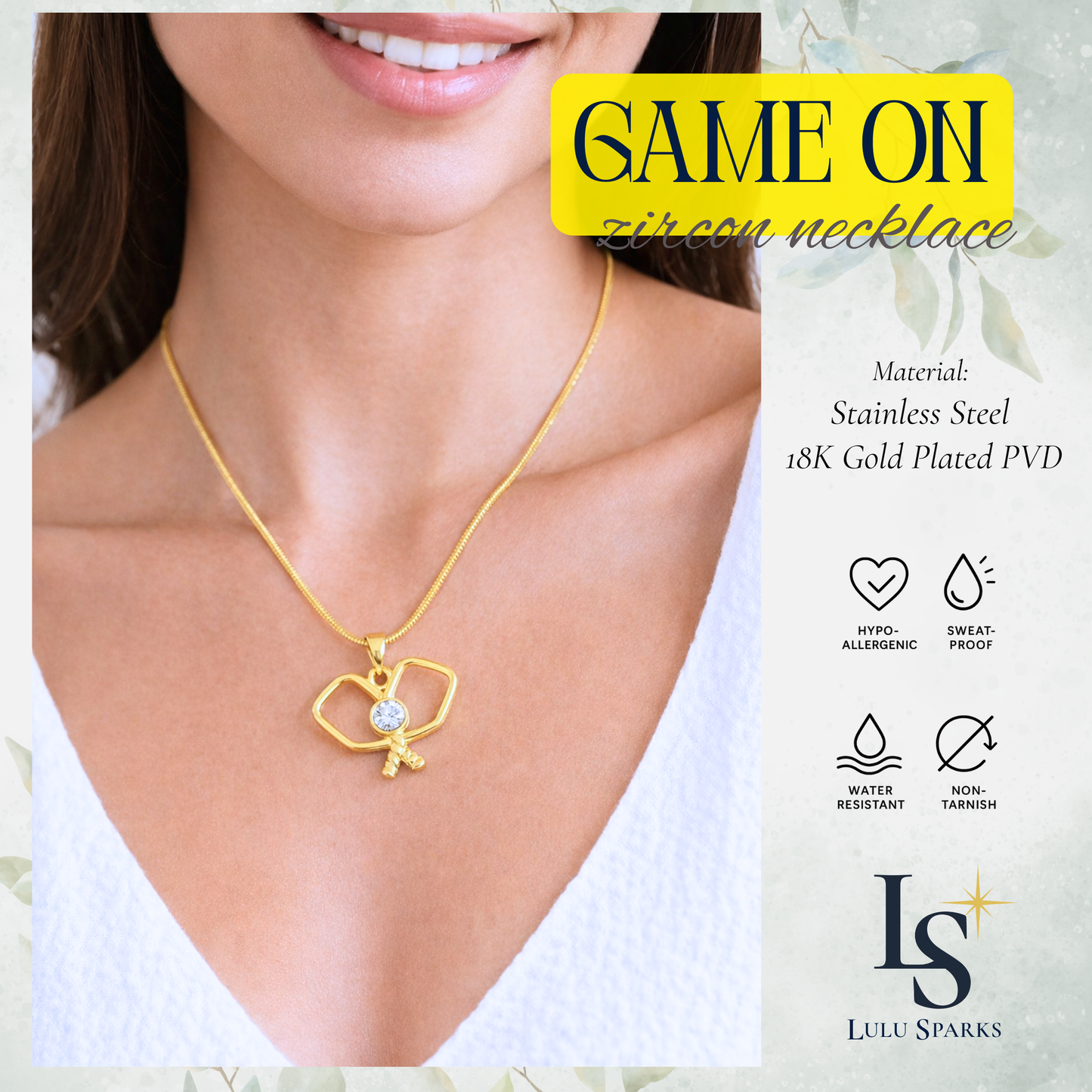 Pickle Sparkle Game On Necklace Pickleball Series 18K PVD Gold