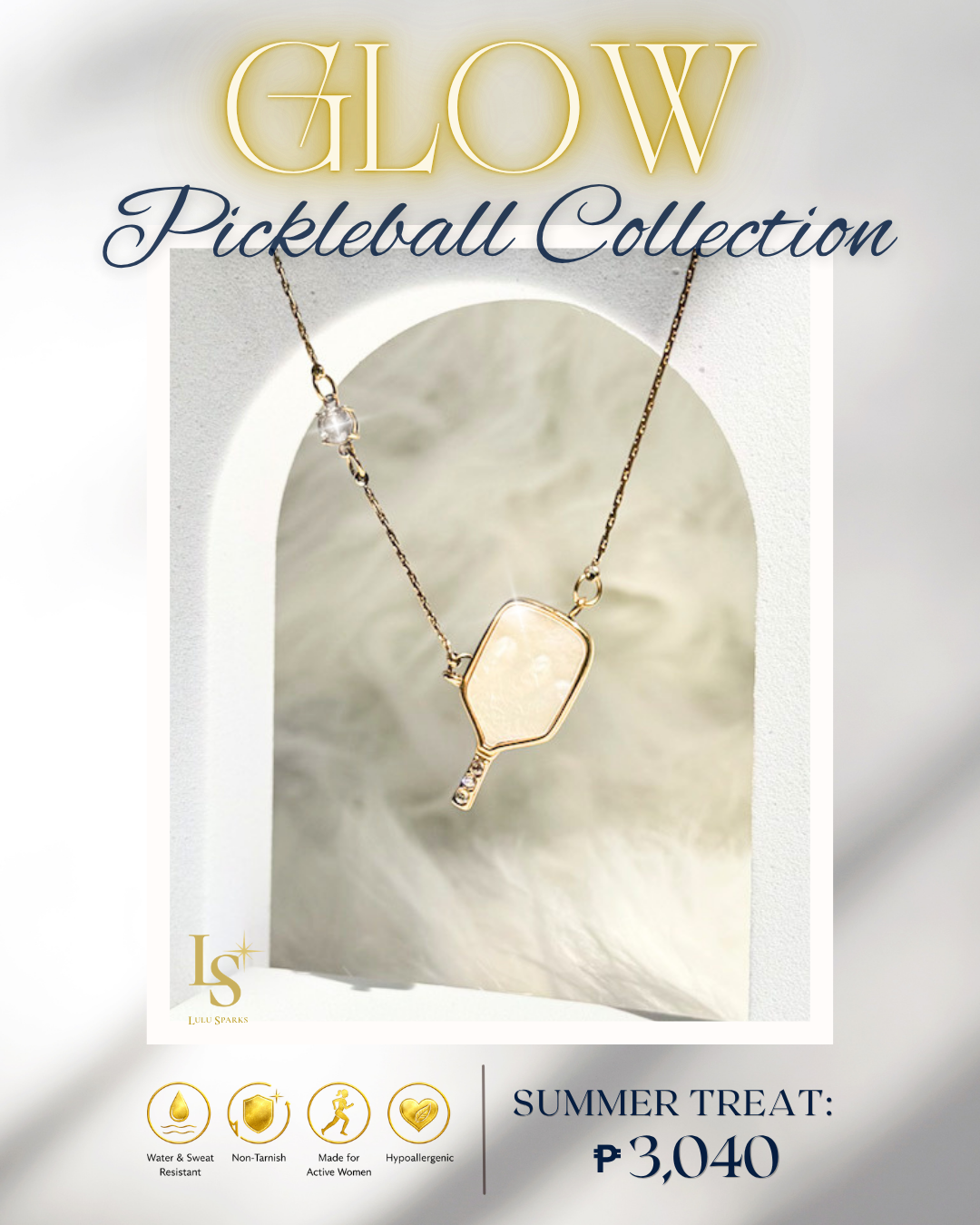 GLOW NECKLACE | Pickleball Design 18K PVD Gold Hypoallergenic Water/Sweat/Tarnish Resistant Jewelry