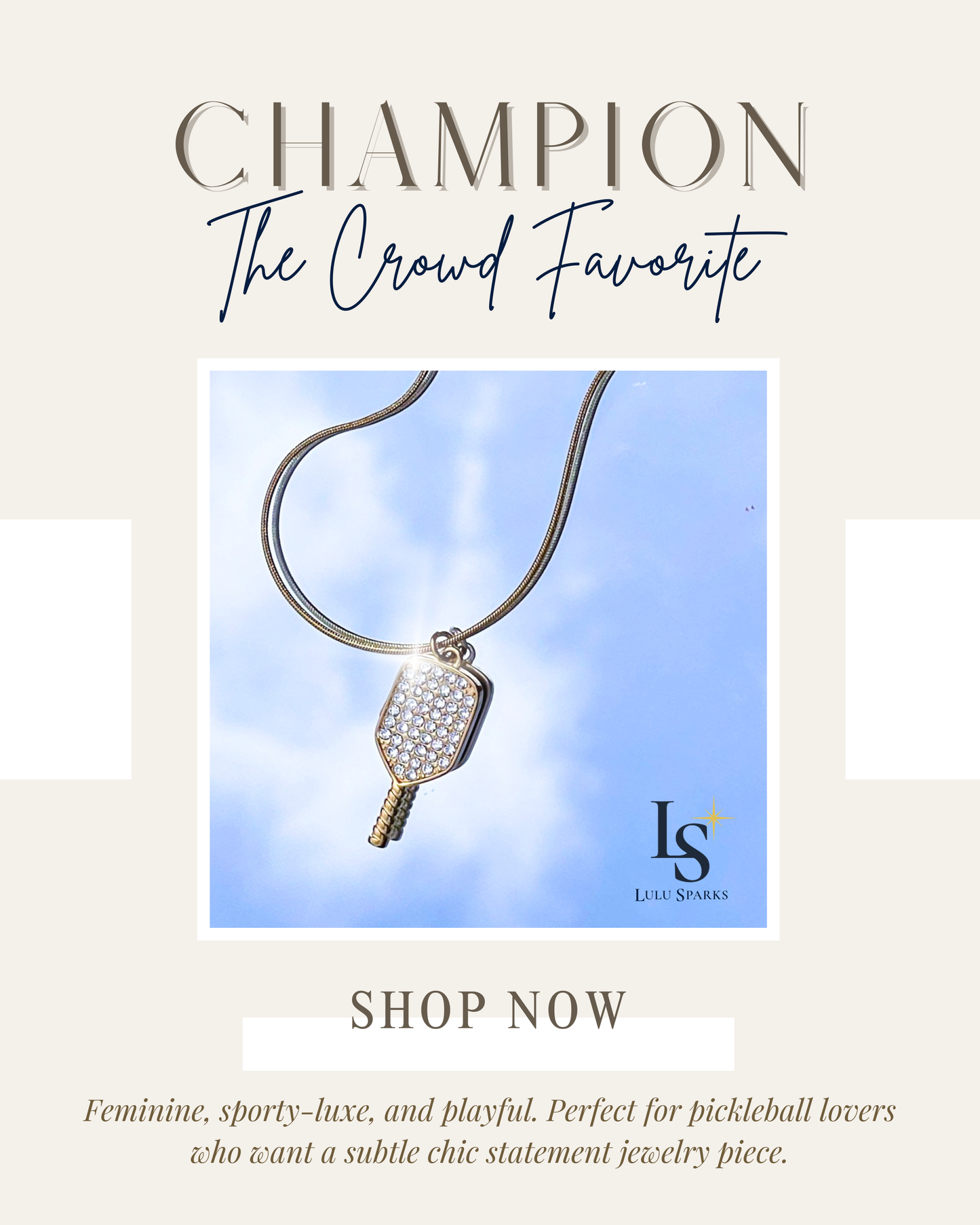 CHAMPION | Pickleball Necklace 18K PVD Gold Hypoallergenic Water/Sweat/Tarnish Resistant Jewelry