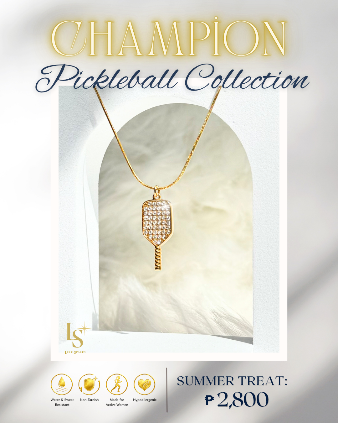 CHAMPION | Pickleball Necklace 18K PVD Gold Hypoallergenic Water/Sweat/Tarnish Resistant Jewelry
