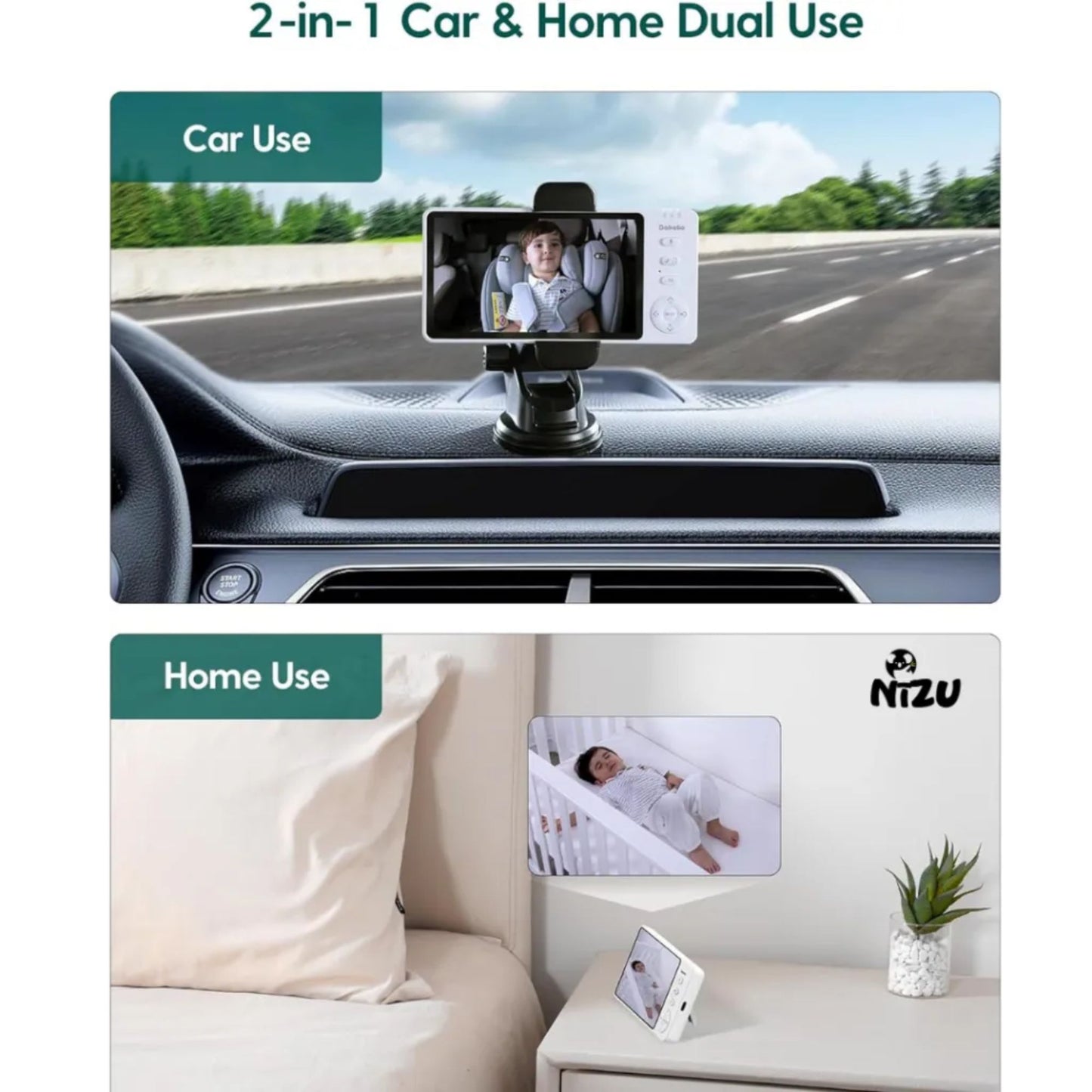 Nizu 2-in-1 Baby Monitor | AI Wireless Baby monitor for Car + Home