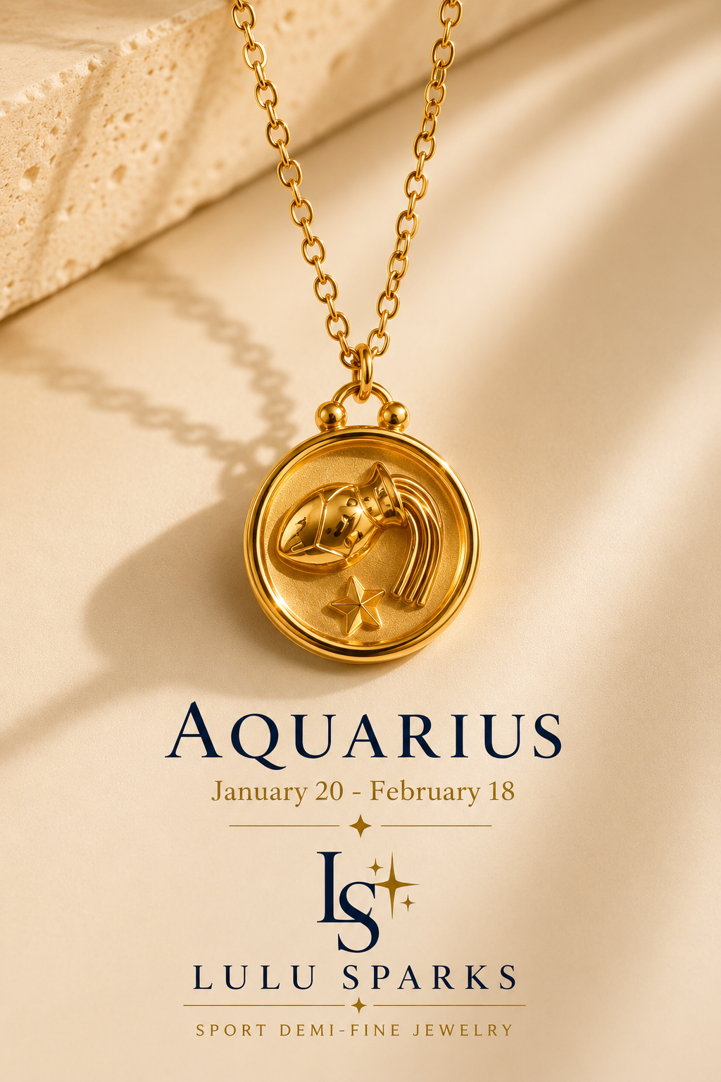 Lulu Sparks Zodiac Sign Round Pendant Chain Necklace 18K PVD Gold Jewelry (No Jewelry Box Included)