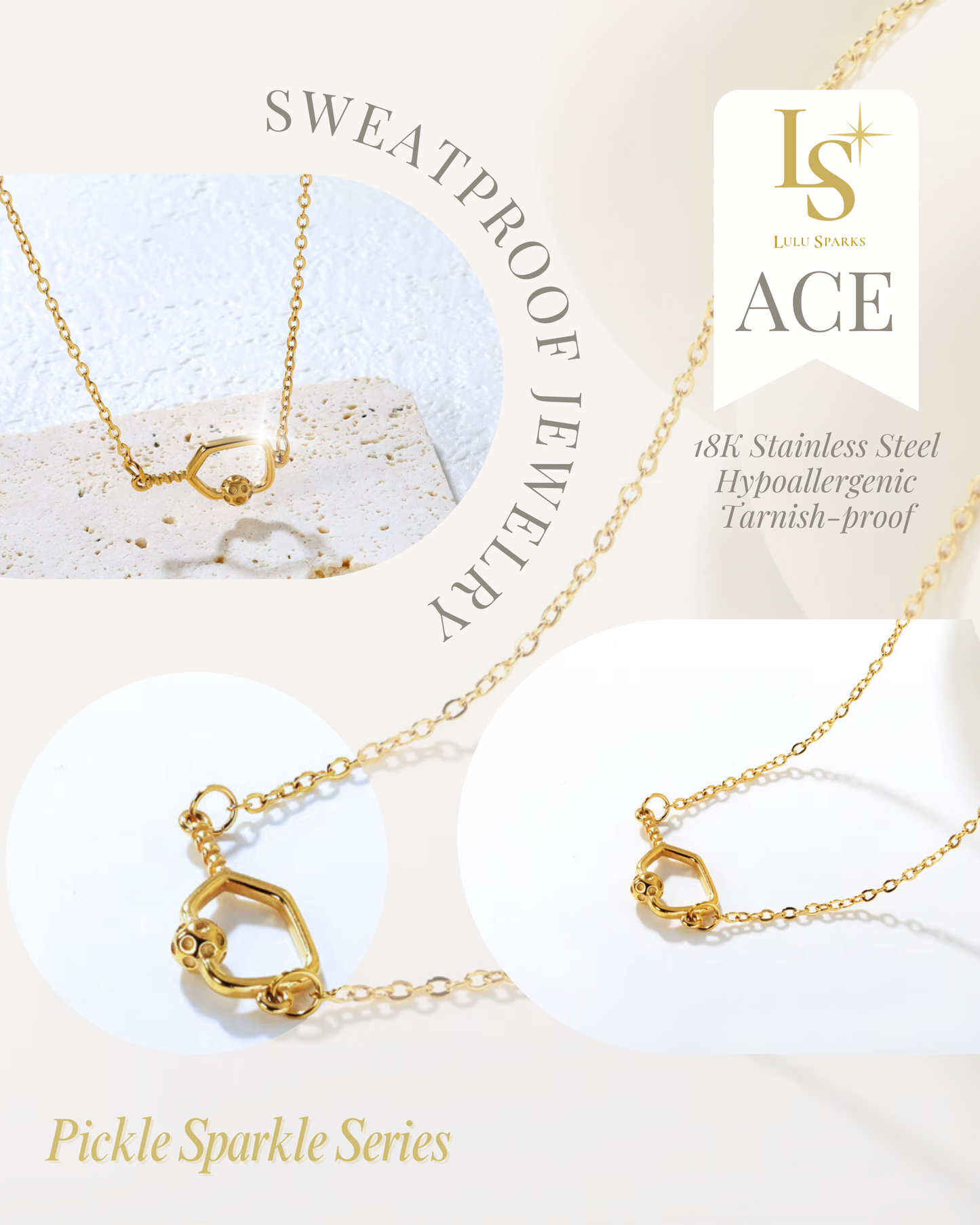 ACE | Pickleball Necklace 18K PVD Gold Hypoallergenic Water/Sweat/Tarnish Resistant Jewelry
