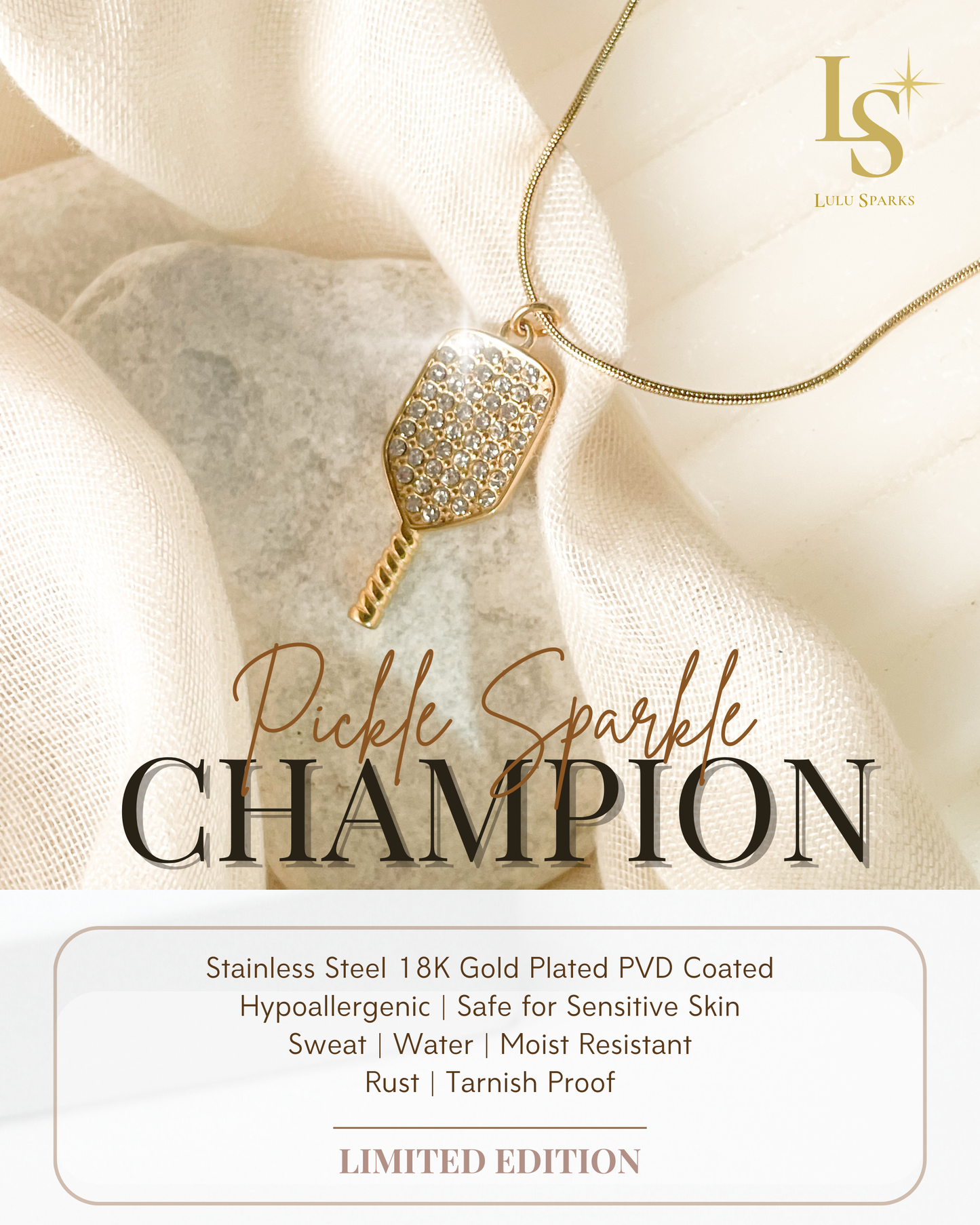 CHAMPION | Pickleball Necklace 18K PVD Gold Hypoallergenic Water/Sweat/Tarnish Resistant Jewelry