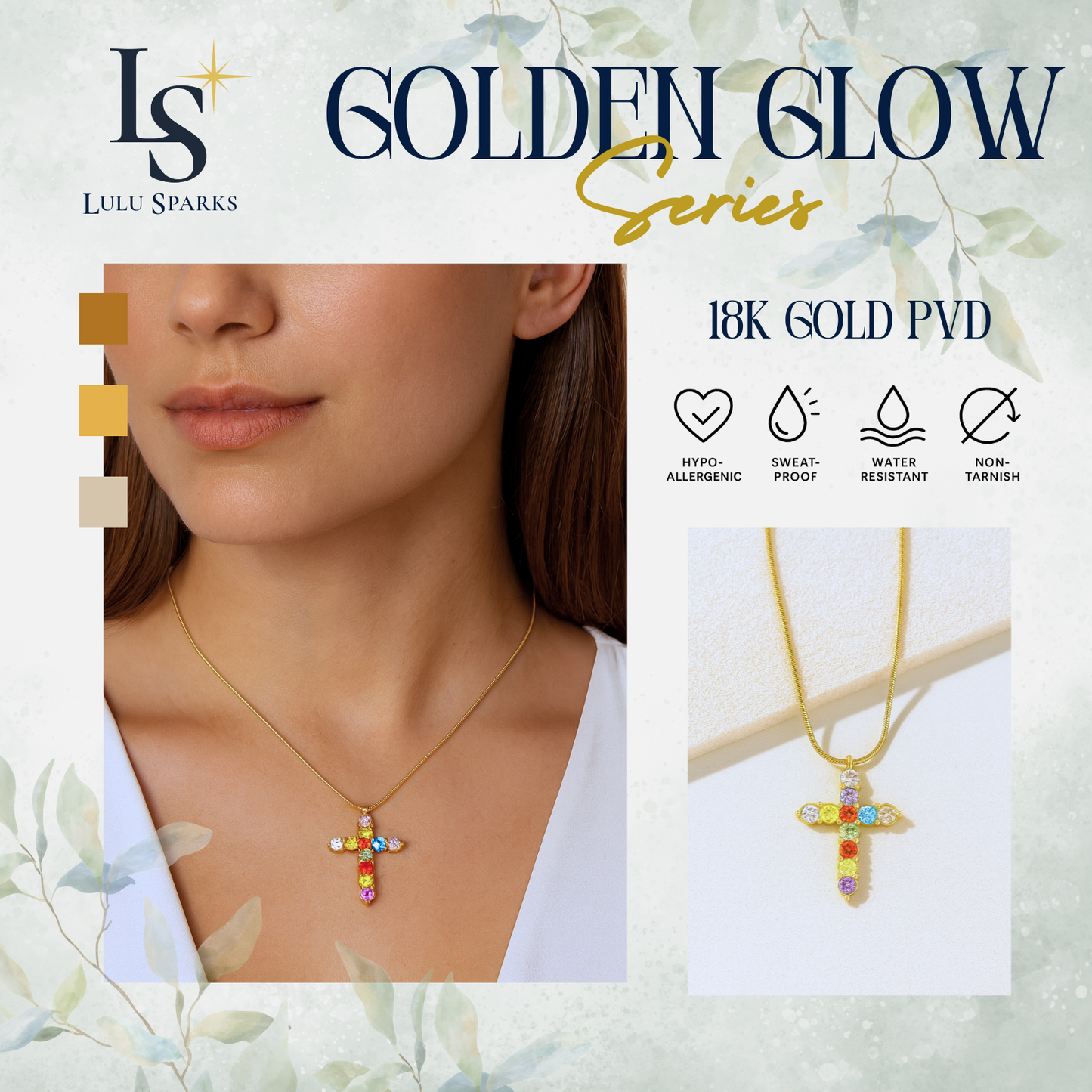 Golden Glow Luxe Spectrum Cross Necklace 18K PVD Gold