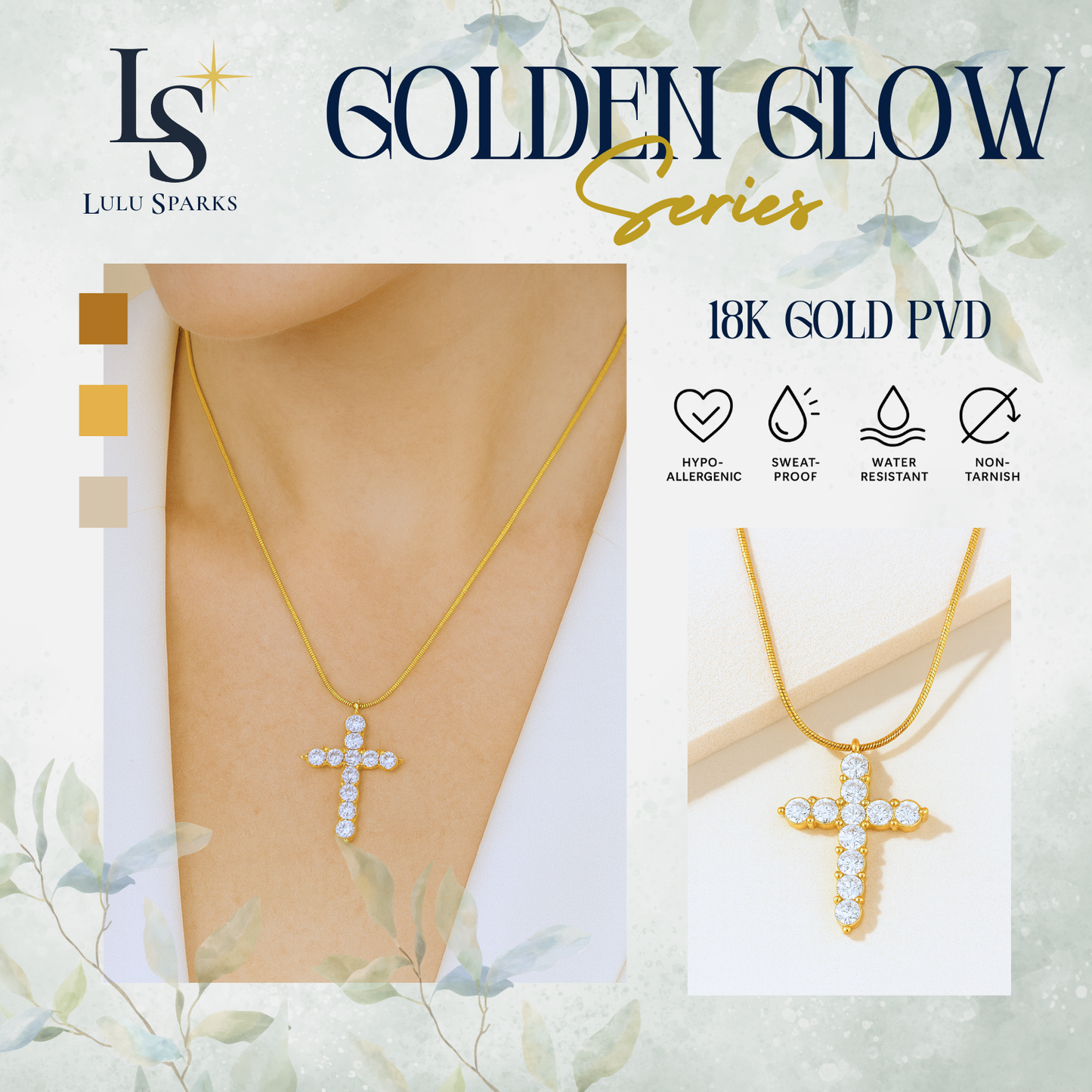 Lulu Sparks Golden Glow Luxe Illume Cross Necklace 18K PVD Gold Jewelry