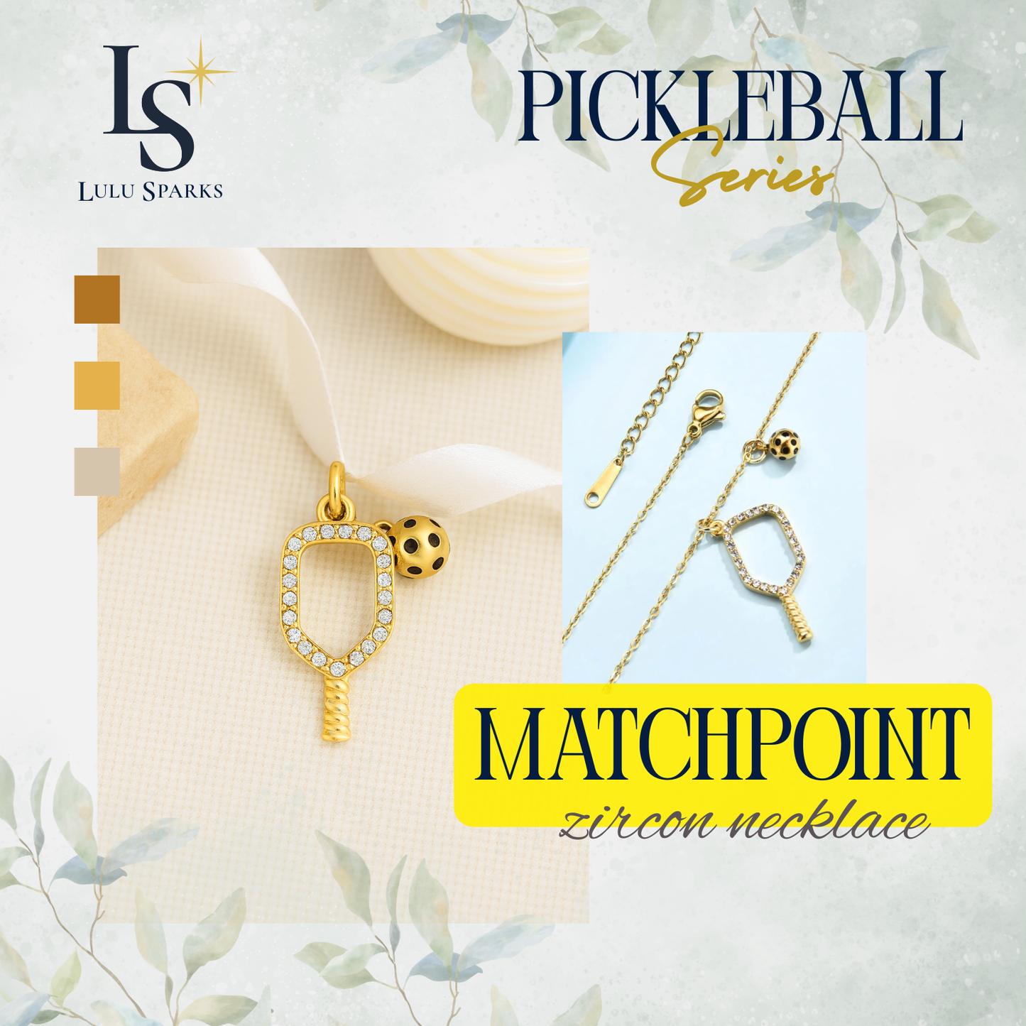 Pickle Sparkle Matchpoint Necklace Pickleball Series 18K PVD Gold