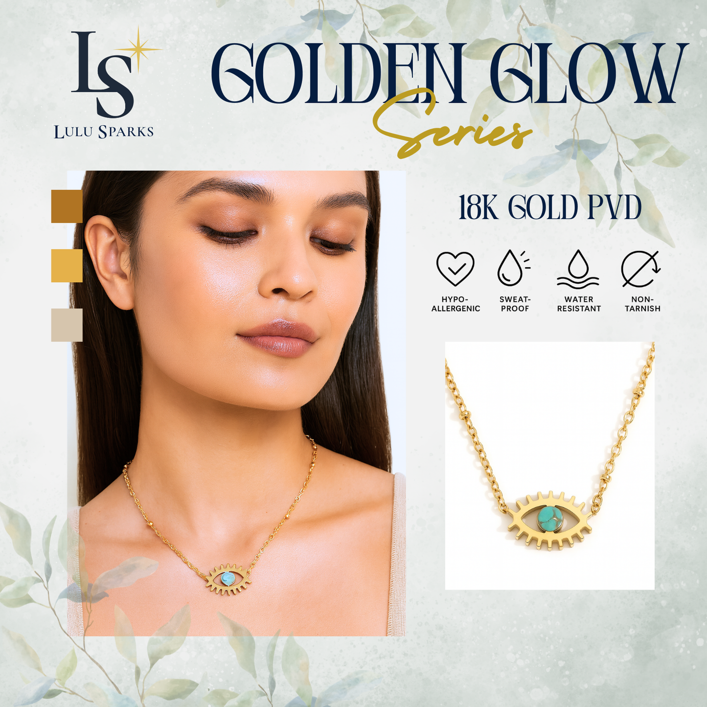 Lulu Sparks Golden Glow Turquoise Evil Eye Necklace 18K PVD Gold Jewelry
