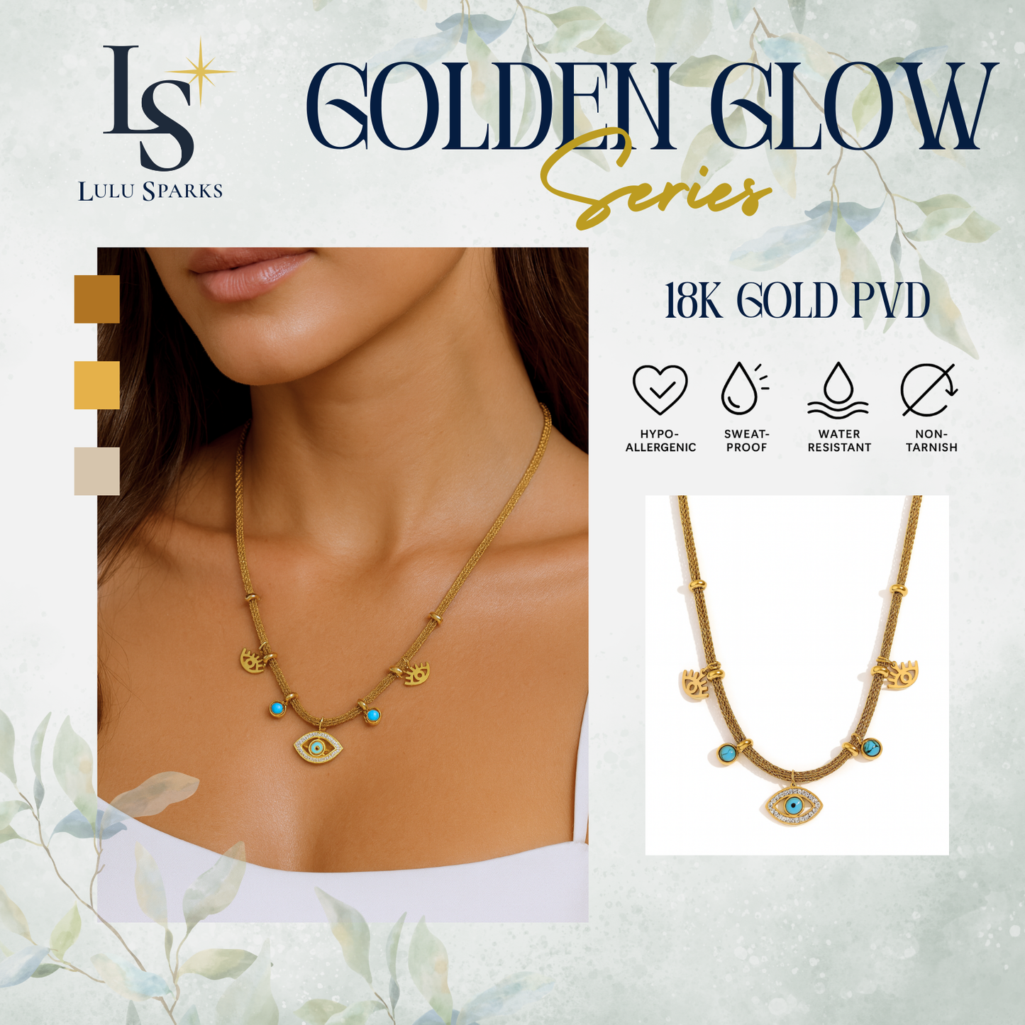 Lulu Sparks Golden Glow Multi-Charm Evil Eye Necklace 18K PVD Gold Jewelry
