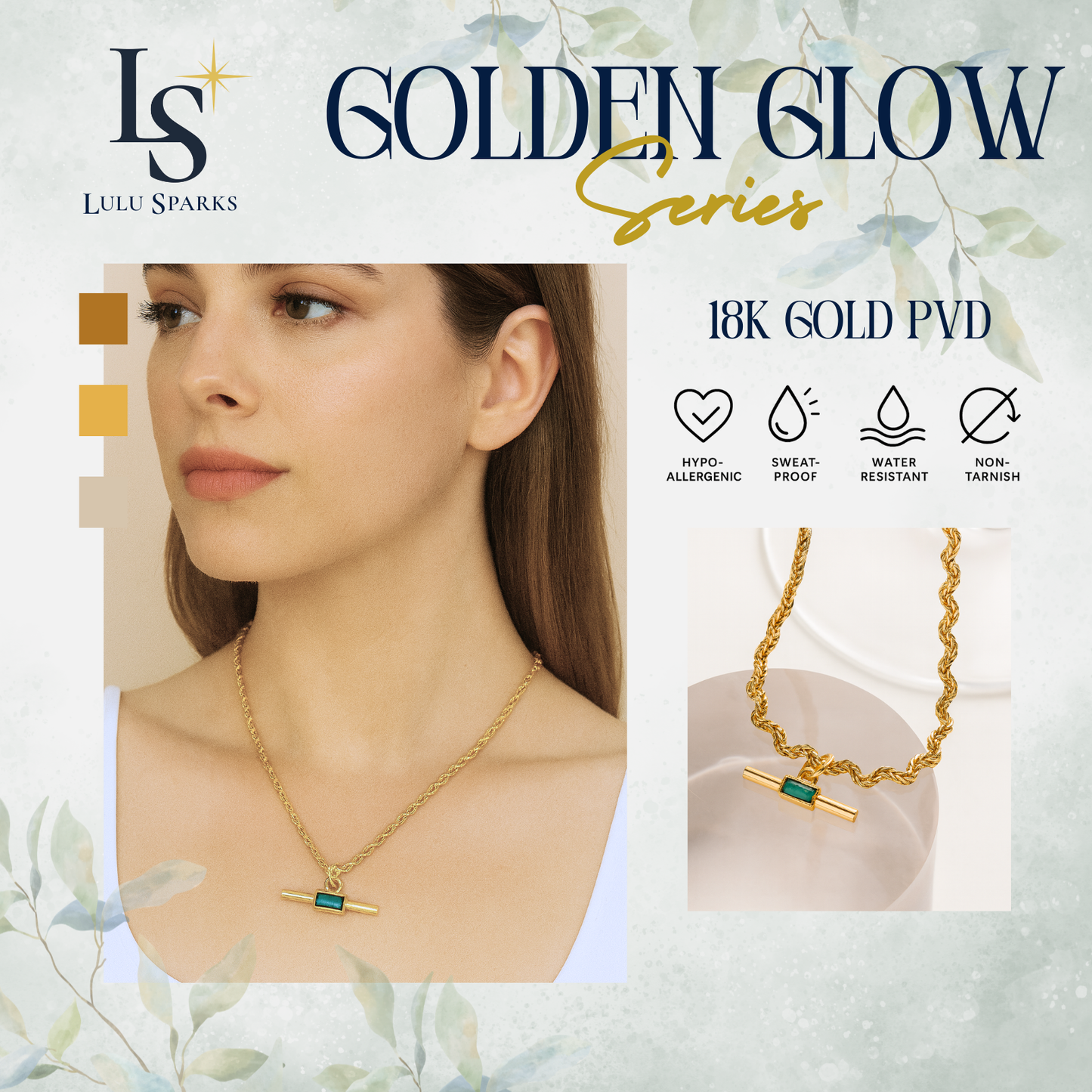 Lulu Sparks Golden Glow Emerald Bar Necklace 18K PVD Gold Jewelry