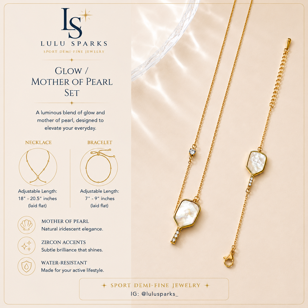 GLOW BRACELET | Pickleball Design 18K PVD Gold Mother of Pearl Hypoallergenic Water/Sweat/Tarnish Resistant Jewelry