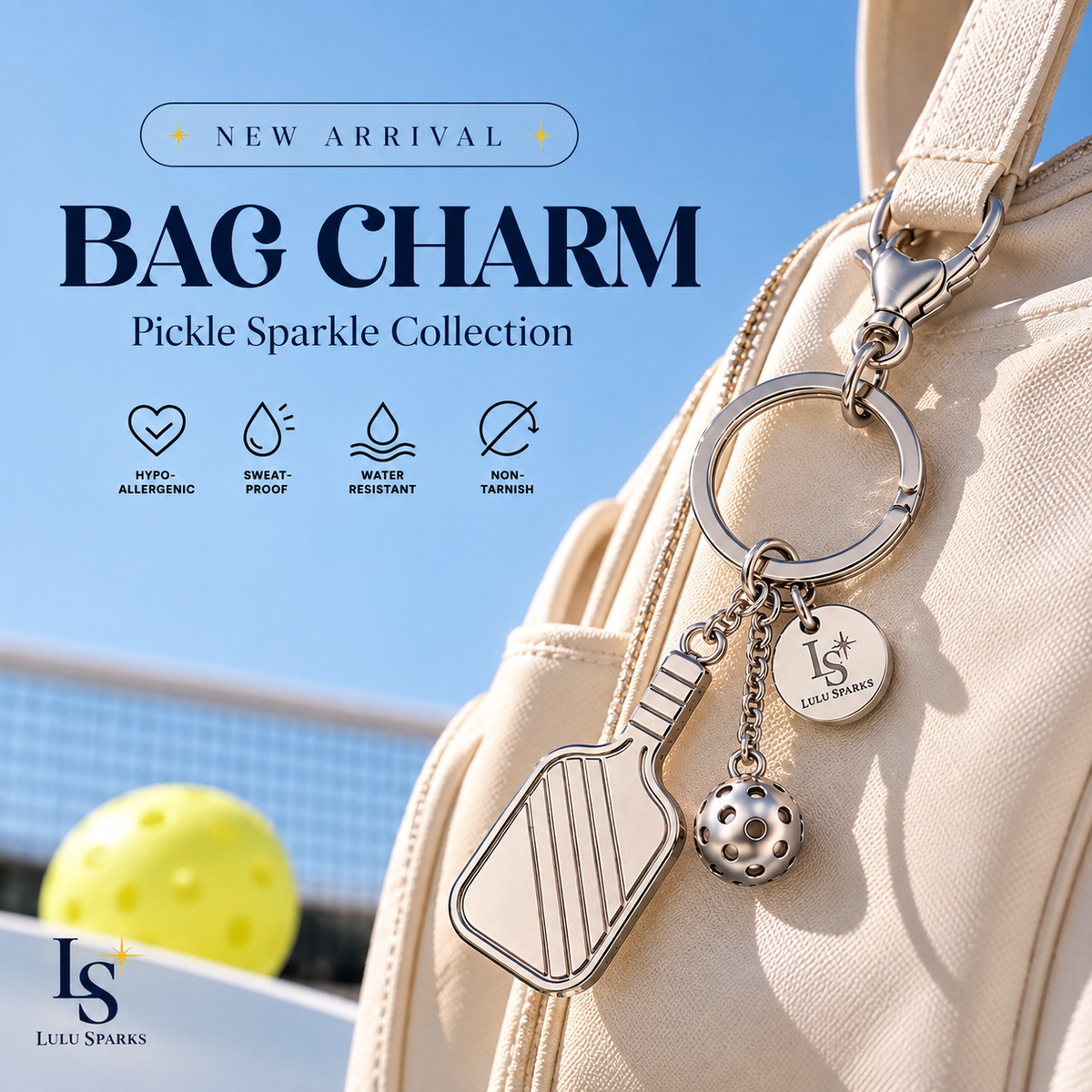 PADDLE BAG CHARM | Pickleball Keychain Stainless Steel Hypoallergenic Water/Sweat/Tarnish Resistant Jewelry