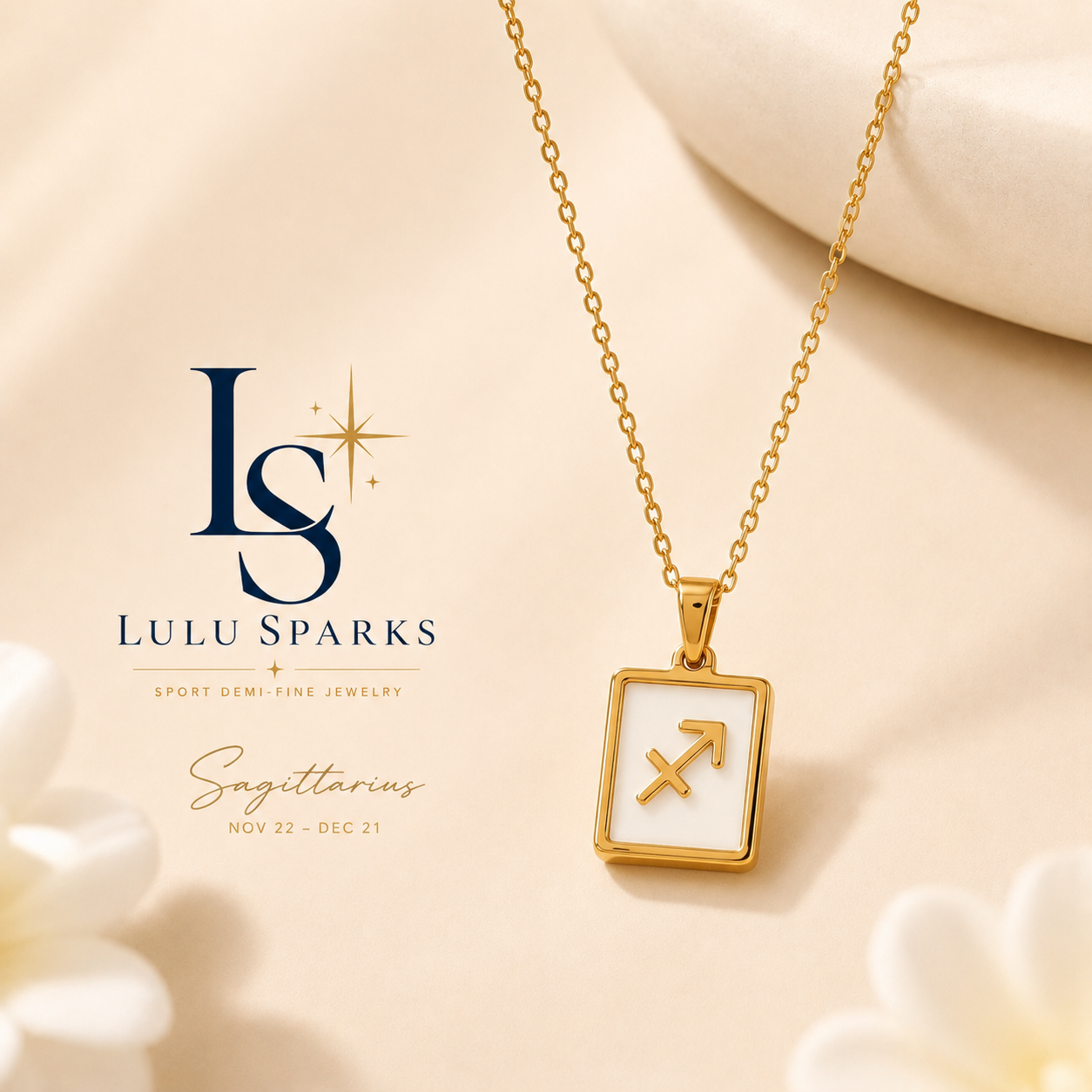 Lulu Sparks Zodiac Sign Square Pendant Chain Necklace 18K PVD Gold Jewelry (No Jewelry Box Included)