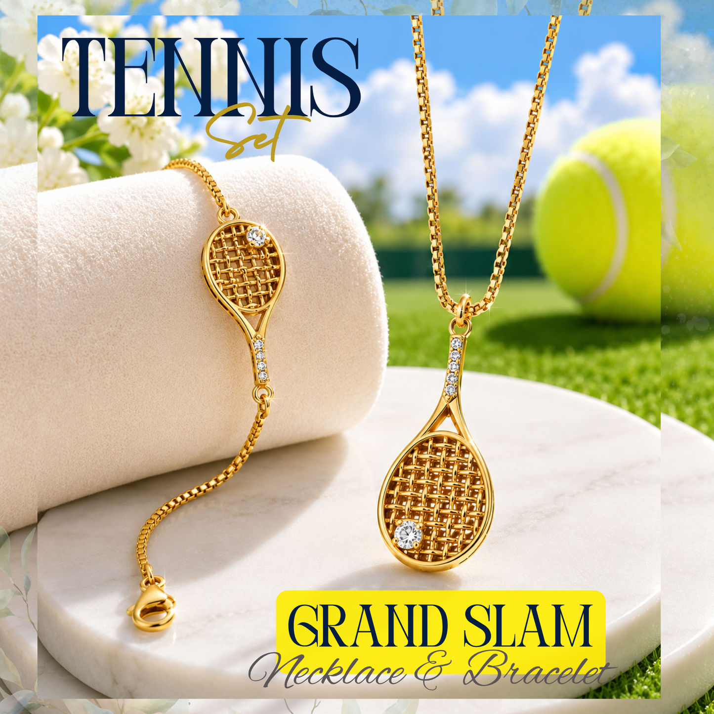 TENNIS SET | Lulu Sparks GRAND SLAM Necklace & Bracelet 18K PVD Gold Hypoallergenic Water/Sweat/Tarnish Resistant Jewelry