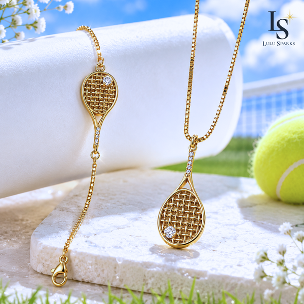 TENNIS SET | Lulu Sparks Tennis Racket Necklace & Bracelet 18K PVD Gold Hypoallergenic Water/Sweat/Tarnish Resistant Jewelry